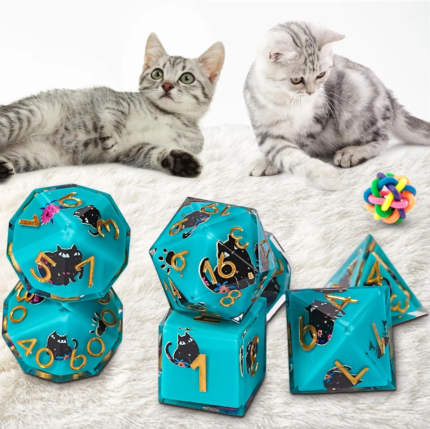 raft Flowers Style Sharp Edge Polyhedron Resin Dice for Dungeons & Dragons RPG MTG DND Dice Set, Cute Cat & 