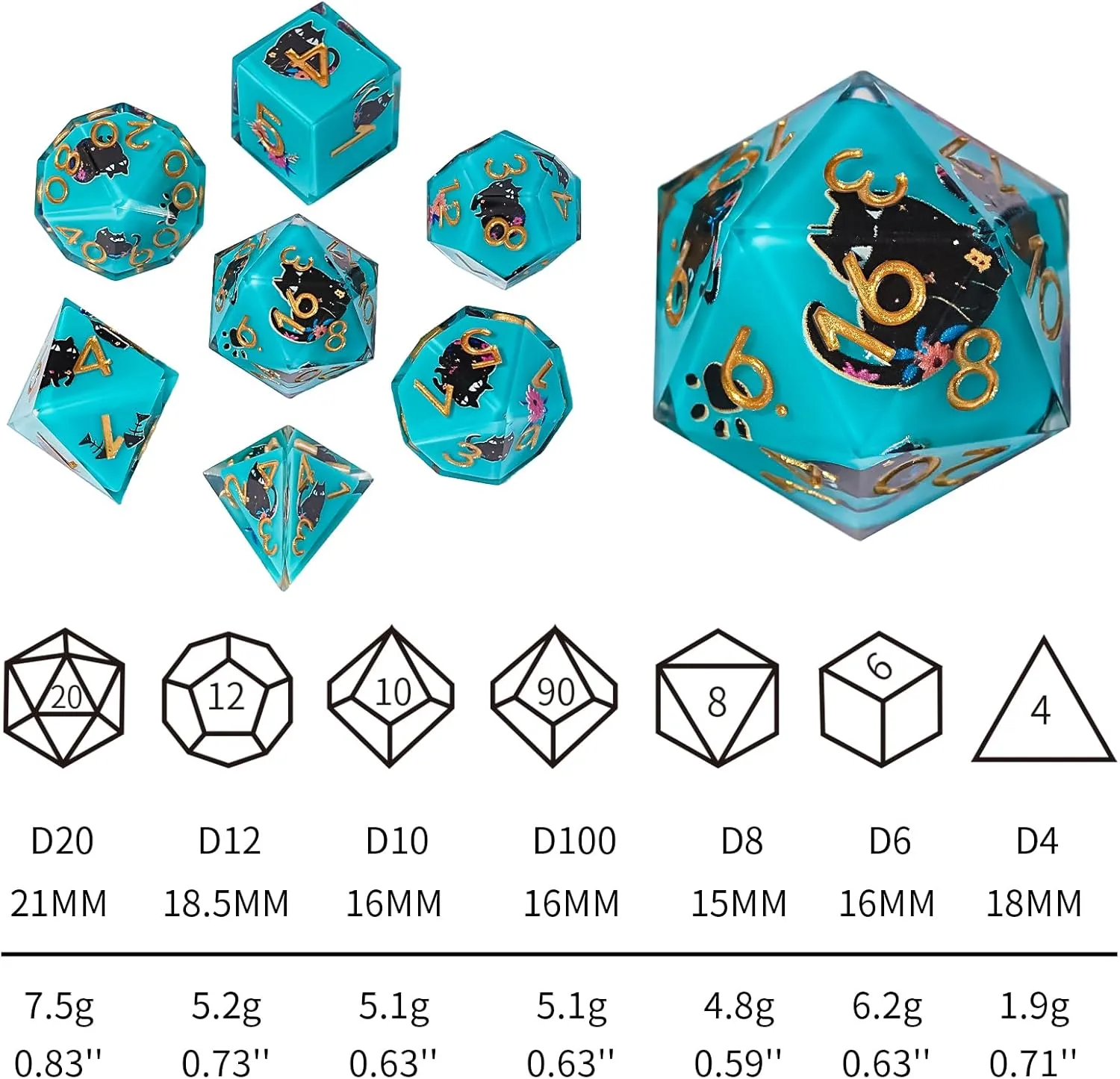 raft Flowers Style Sharp Edge Polyhedron Resin Dice for Dungeons & Dragons RPG MTG DND Dice Set, Cute Cat & 