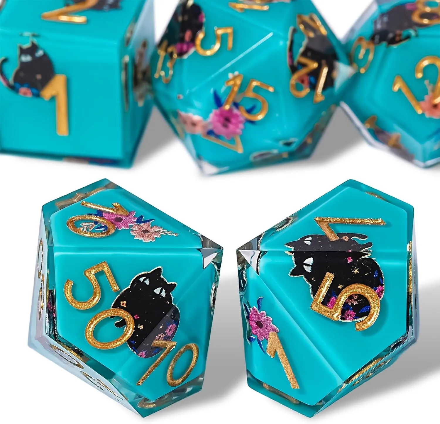 raft Flowers Style Sharp Edge Polyhedron Resin Dice for Dungeons & Dragons RPG MTG DND Dice Set, Cute Cat & 