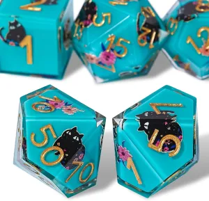 raft Flowers Style Sharp Edge Polyhedron Resin Dice for Dungeons & Dragons RPG MTG DND Dice Set, Cute Cat & 