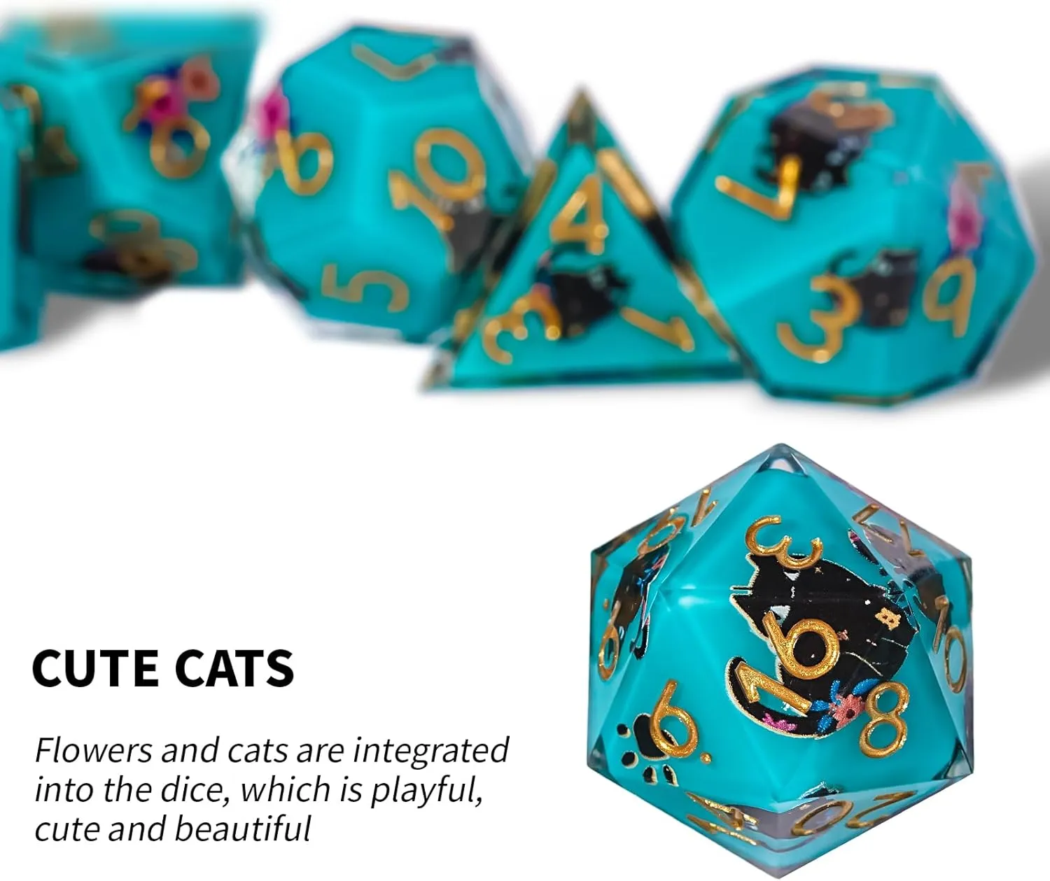 raft Flowers Style Sharp Edge Polyhedron Resin Dice for Dungeons & Dragons RPG MTG DND Dice Set, Cute Cat & 