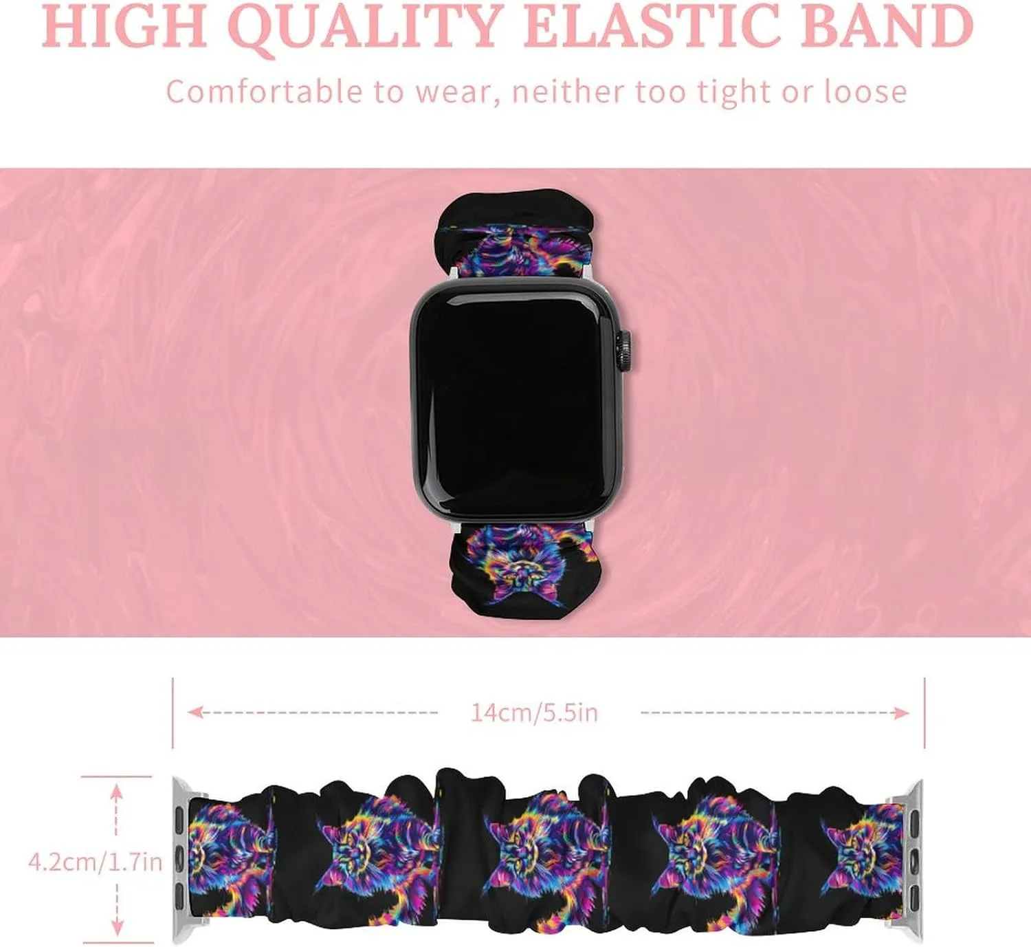 Replacement Strap Compatible with Apple Watch Neon-Colored Maine Coon Cat Portrait Watch Band Elastic Watch annually fiddler Strap Printed Straps Wristbands 