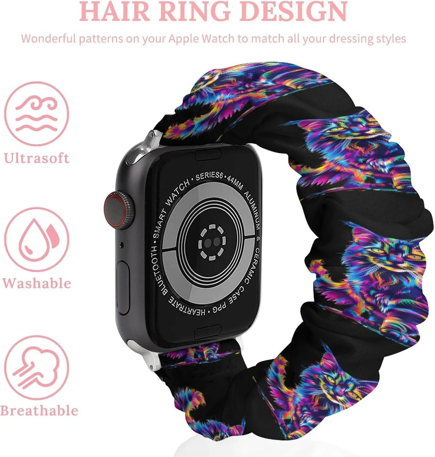 Replacement Strap Compatible with Apple Watch Neon-Colored Maine Coon Cat Portrait Watch Band Elastic Watch annually fiddler Strap Printed Straps Wristbands 