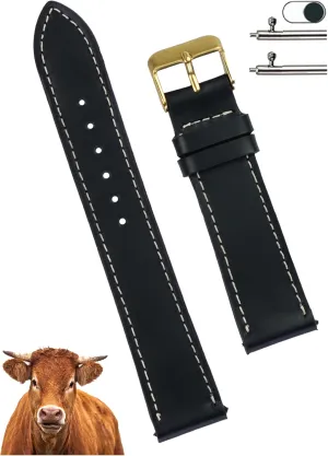 Replacement Wristband Stainless Steel Buckle, Father's Day Gift for Dad Husband DH-NO-211G-20MM 20mm Flat Black Leather Watch Band Men White tug inner eager Stitching Quick Release Handmade Leather Strap, Slim 
