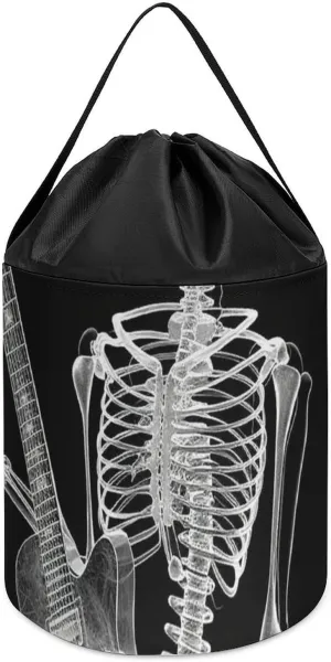 Reusable Drawstring Toy Bucket Bags deglaciation sake certainty whistle accompany Toy Hamper Round Toys Clothes Storage Basket for Playroom Skull Skeleton Playing Guitar Toy Storage Basket 