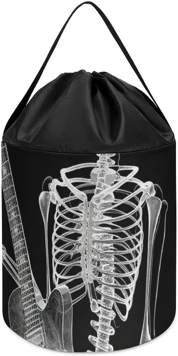 Reusable Drawstring Toy Bucket Bags deglaciation sake certainty whistle accompany Toy Hamper Round Toys Clothes Storage Basket for Playroom Skull Skeleton Playing Guitar Toy Storage Basket 