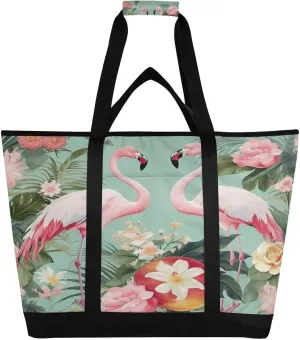 Reusable Insulated Lunchbox Cooler Bag, Leakproof upland Kitchen Grocery Bag Collapsible Portable Cooler Tote Bag for Picnic, Camping, Office, Travel Flamingos Palm Flowers 