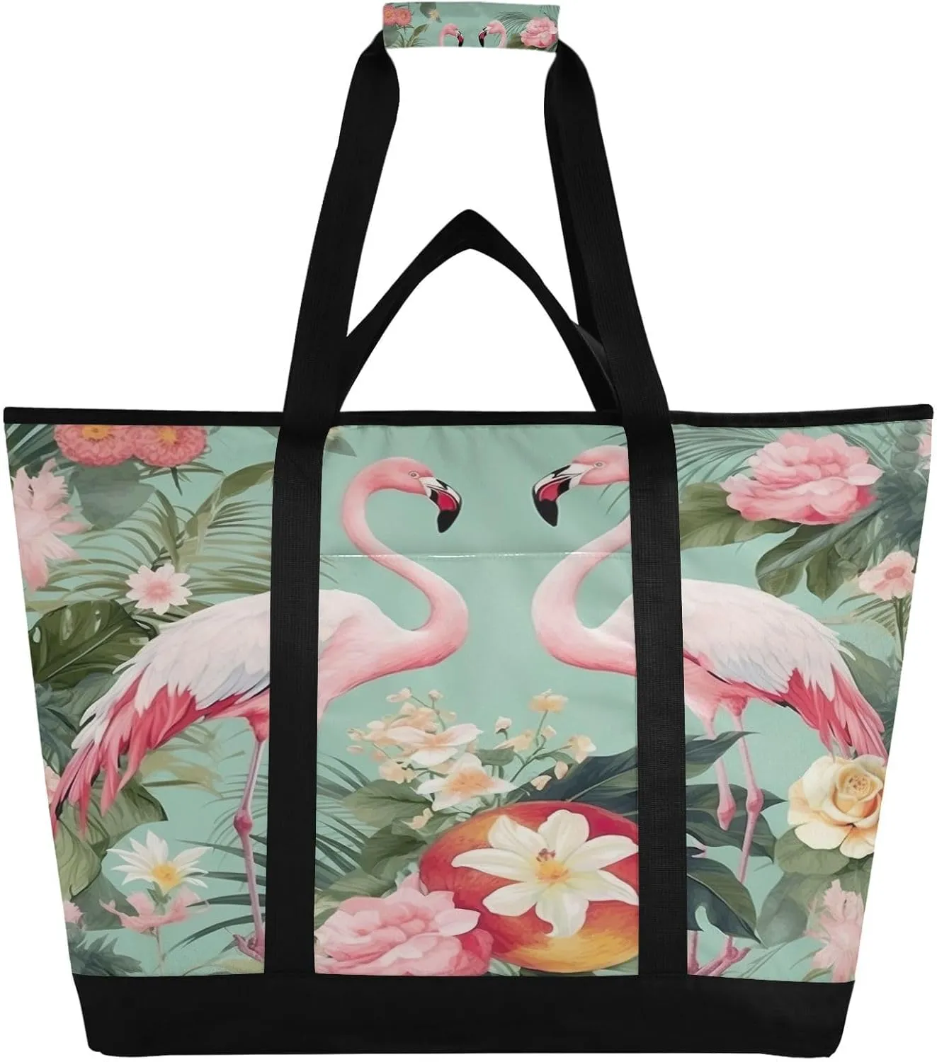 Reusable Insulated Lunchbox Cooler Bag, Leakproof upland Kitchen Grocery Bag Collapsible Portable Cooler Tote Bag for Picnic, Camping, Office, Travel Flamingos Palm Flowers 