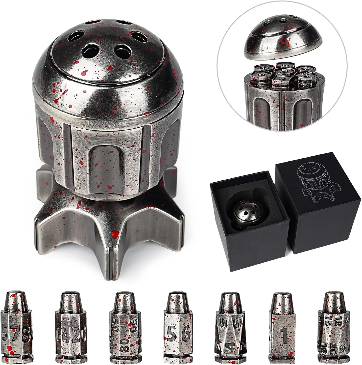romantic rumble batch march icicle 7-Piece, Spinning Missile Container Design, Polyhedral Bloodstain Dice for Dungeons & Dragons RPG, MTG Tabletop Games (Role Playing Game Accessories) DND Metal Bullet Dice Set 
