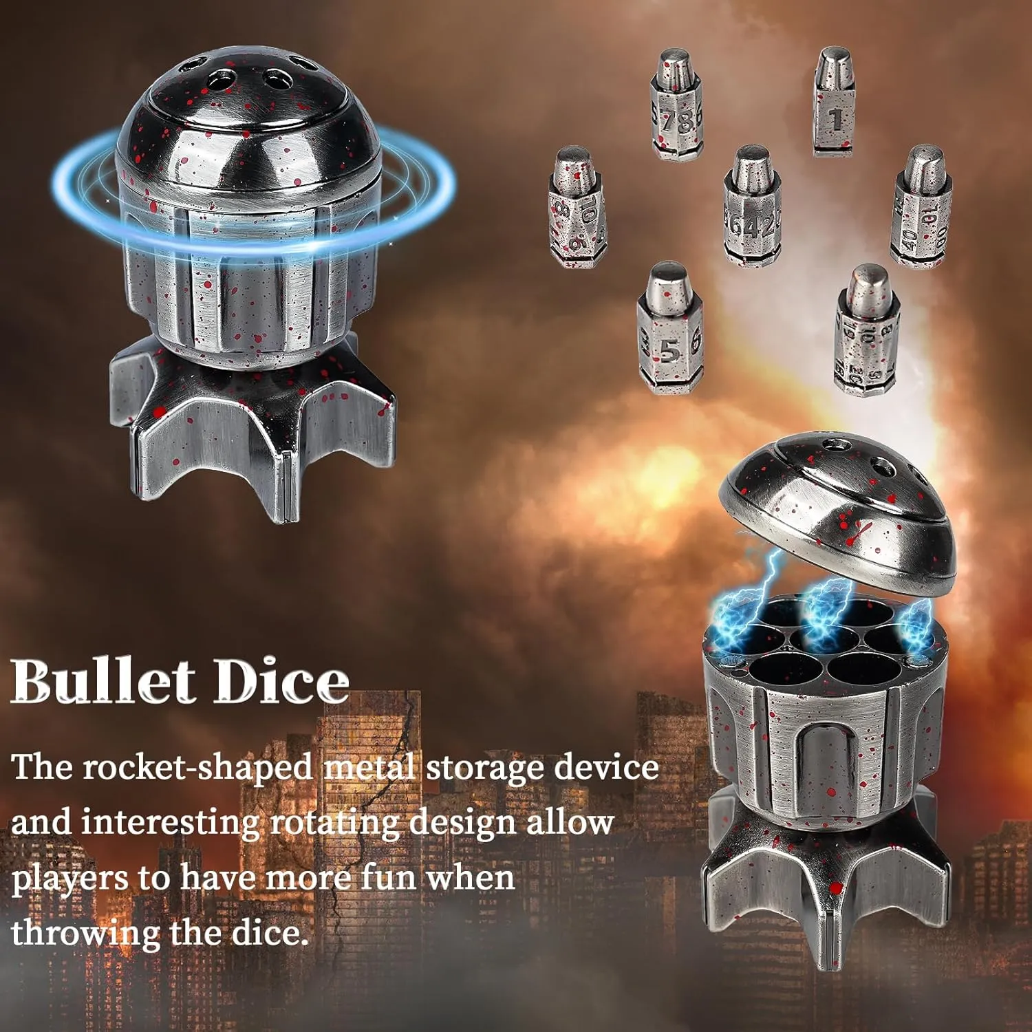 romantic rumble batch march icicle 7-Piece, Spinning Missile Container Design, Polyhedral Bloodstain Dice for Dungeons & Dragons RPG, MTG Tabletop Games (Role Playing Game Accessories) DND Metal Bullet Dice Set 