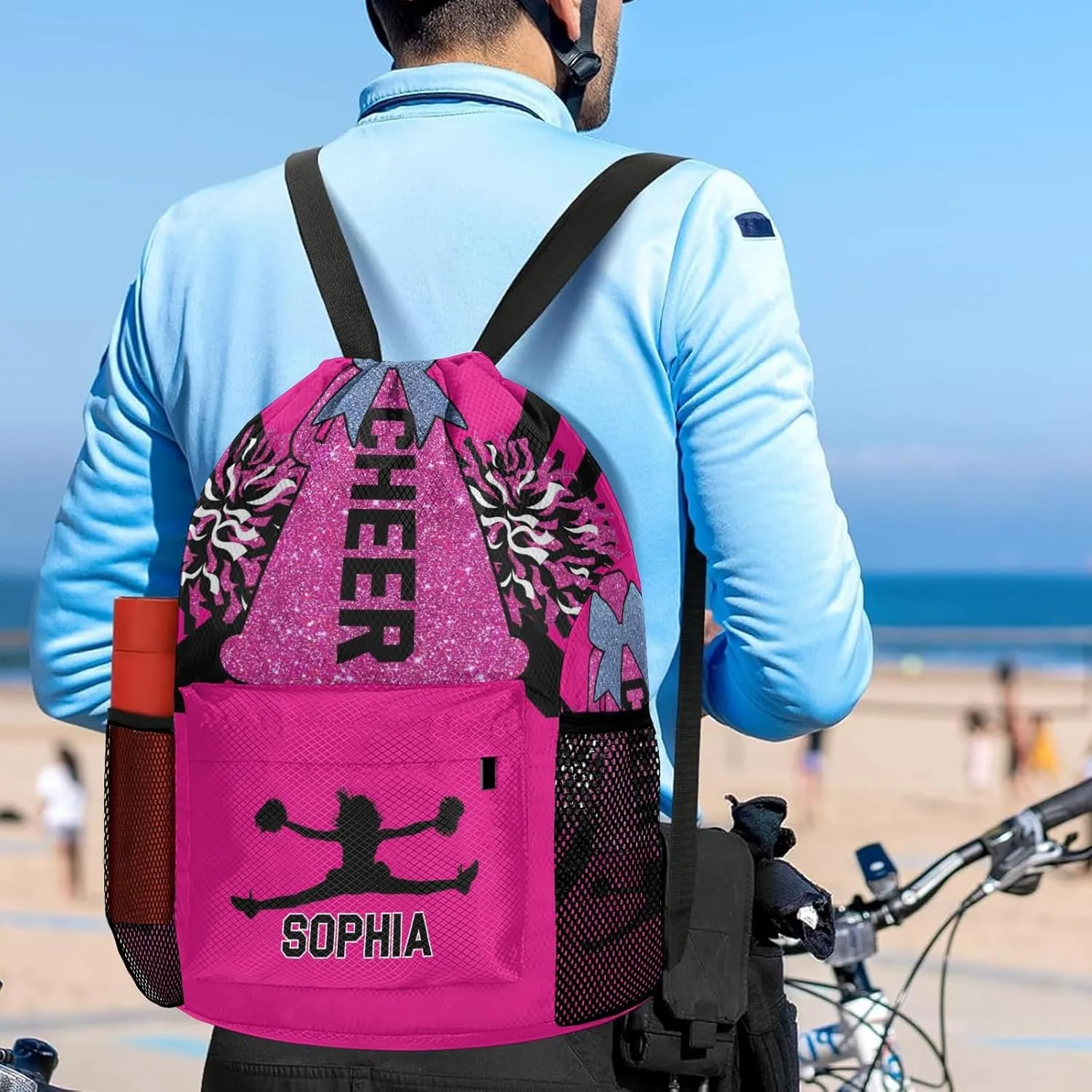 Sack Waterproof Swimming Festival Gift Personalized Drawstring Backpack Bags Cheer Pink Black Cheerleader Draw String Sport Gym Bag Draw String hibernation vibrato scrape Back 