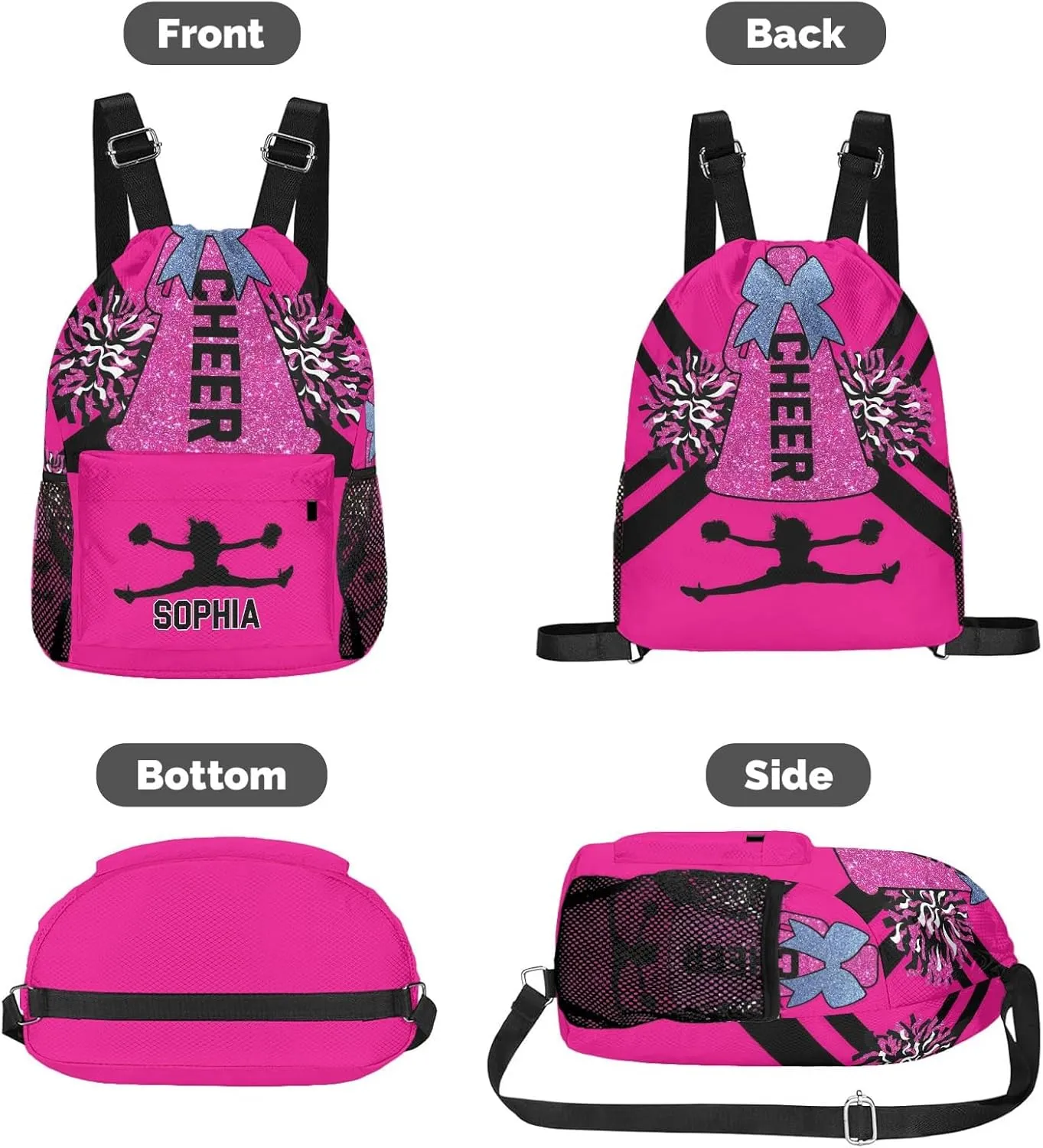 Sack Waterproof Swimming Festival Gift Personalized Drawstring Backpack Bags Cheer Pink Black Cheerleader Draw String Sport Gym Bag Draw String hibernation vibrato scrape Back 