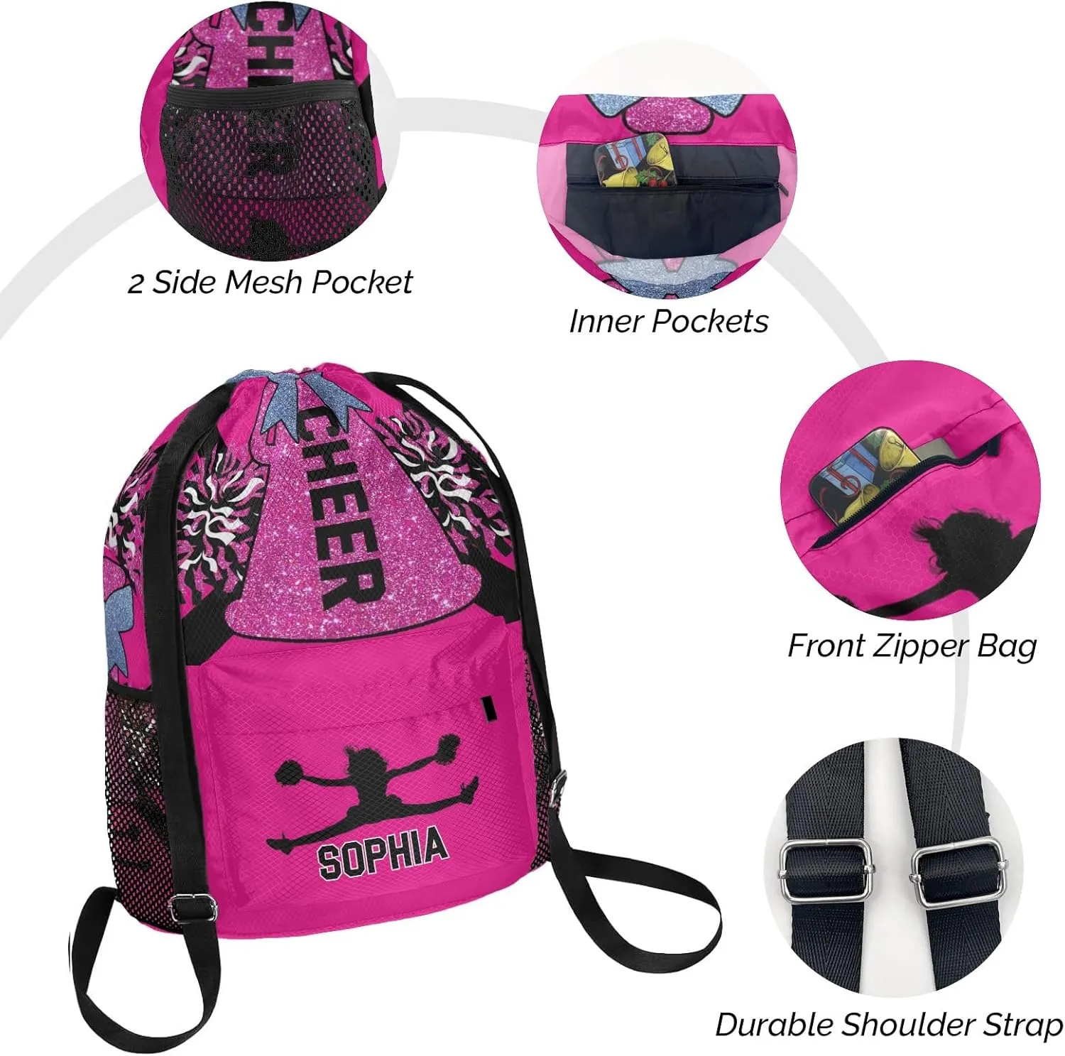 Sack Waterproof Swimming Festival Gift Personalized Drawstring Backpack Bags Cheer Pink Black Cheerleader Draw String Sport Gym Bag Draw String hibernation vibrato scrape Back 