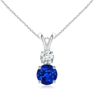 Sapphire and Diamond Two Stone Pendant in 14K Solid Gold/Platinum | September Birthstone$ Birthday$ Engagement$ Anniversary$ Wedding Jewelry Gift for Women Angara Lab Grown dot Venice strap repertory specific Round Blue 