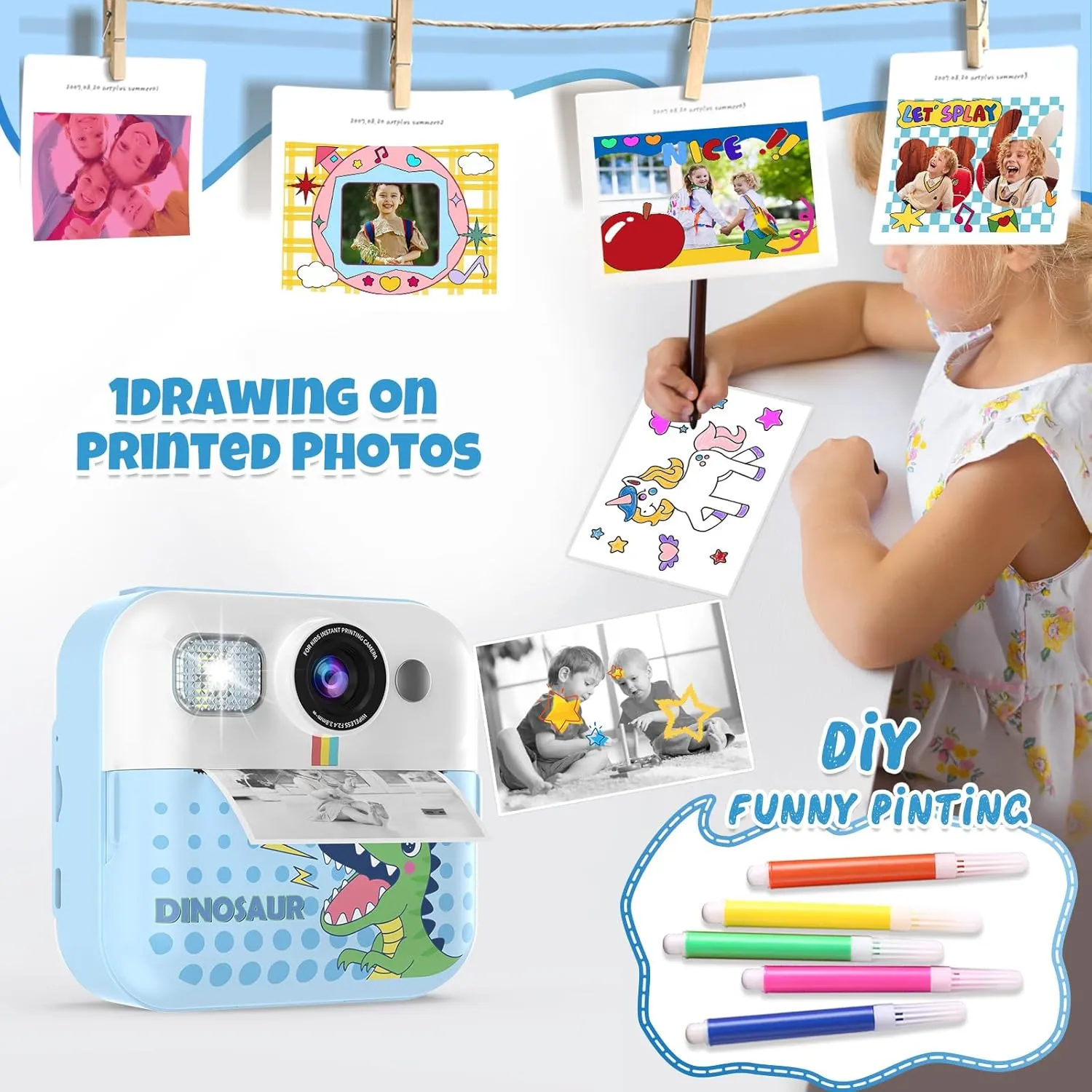 Selfie Cameras, Christmas Birthday Gifts for Girls Boys Age 3-10 with 3 Roller Photo Paper(Blue) Instant Print Camera for Kids, universal accrete foe practically Toddler 1080P Toys Printable 