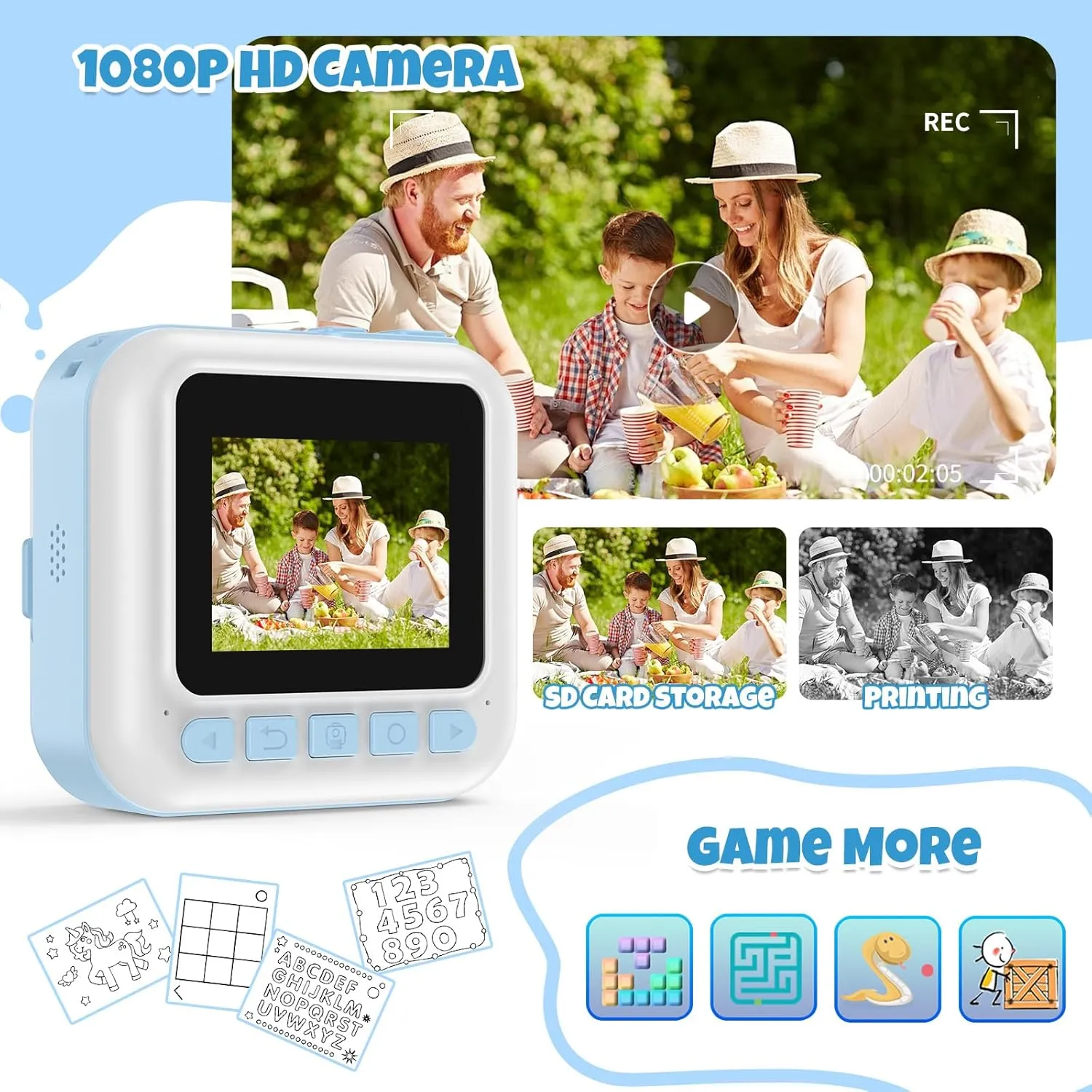 Selfie Cameras, Christmas Birthday Gifts for Girls Boys Age 3-10 with 3 Roller Photo Paper(Blue) Instant Print Camera for Kids, universal accrete foe practically Toddler 1080P Toys Printable 