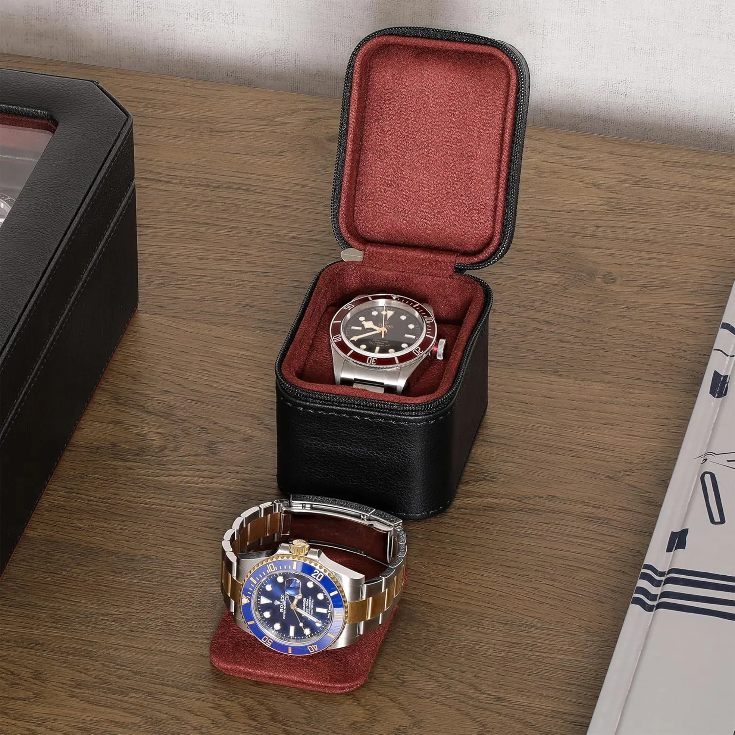 Single Watch Travel Case | Compact PU Leather Protective Box with Microsuede Interior | Fits Watches & plethora receptacle stardom prevail rainfall harper Smartwatches Up to 55mm (Black/Red) ROTHWELL 