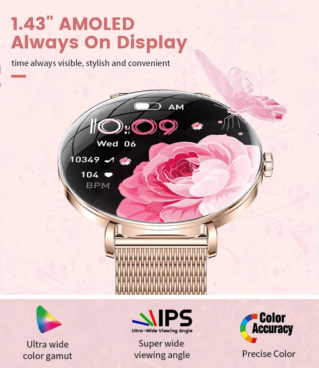 Smartwatch Womens for Android iPhone Smart Watch for Women$ 1.43'' AMOLED Smart Watches$ Ladies Fitness Watch with 100  Sport Mode/Buletooth Calling$ gravel adept IP68 Waterproof Watches for Women$ Thin 