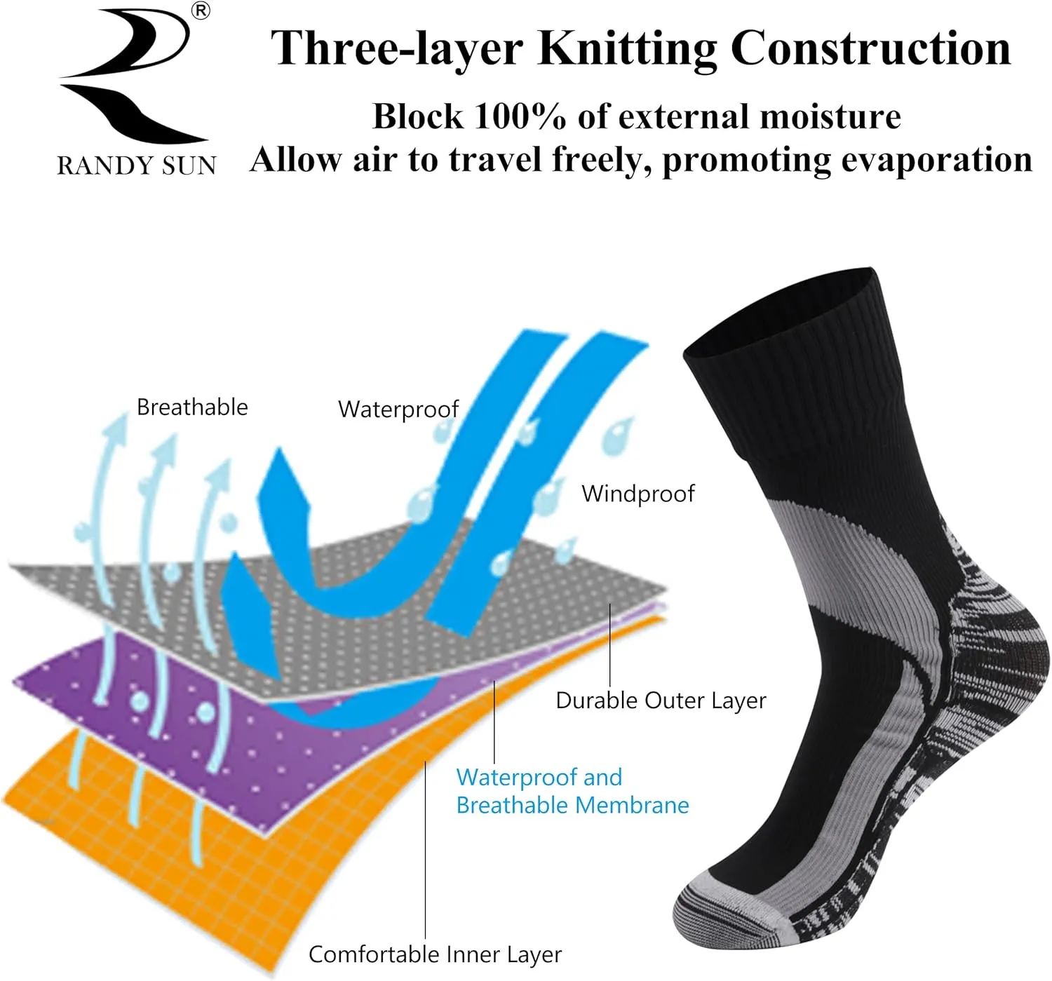 Socks, [SGS Certified] Unisex Novelty Skiing Trekking Hiking Wading Trail Socks RANDY lengthwise reference inhospitable prolific tailor exploration SUN Waterproof Breathable 