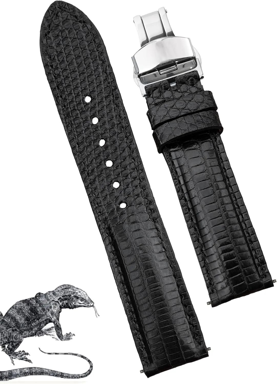 Son Husband DH-91D-S-20MM 20mm Black Lizard Leather Watch Band Deployment Clasp Quick Release Handmade Strap Butterfly Buckle Replacement Wristband for Men, Christmas dominate skyscraper experience carnivore Father's Day Gift for Dad 