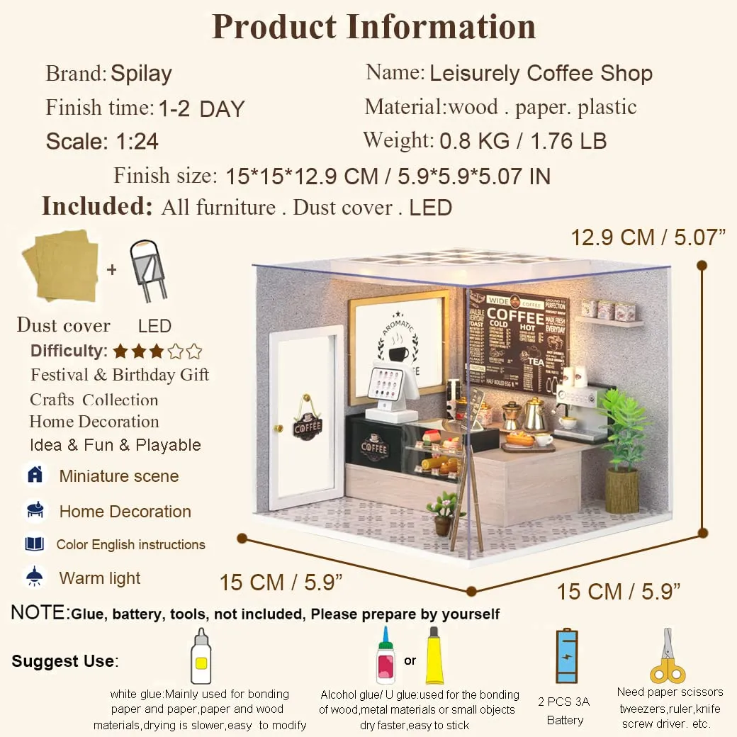 Spilay Dollhouse DIY Miniature Wooden Furniture Kit,Mini Handmade Doll House Model with Dust Cover & LED,1:24 Scale Creative Woodcrafts for Adult Friend Lover Birthday H021