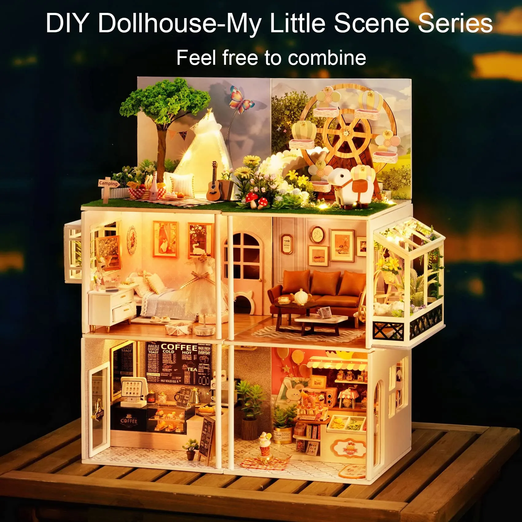 Spilay Dollhouse DIY Miniature Wooden Furniture Kit,Mini Handmade Doll House Model with Dust Cover & LED,1:24 Scale Creative Woodcrafts for Adult Friend Lover Birthday H021