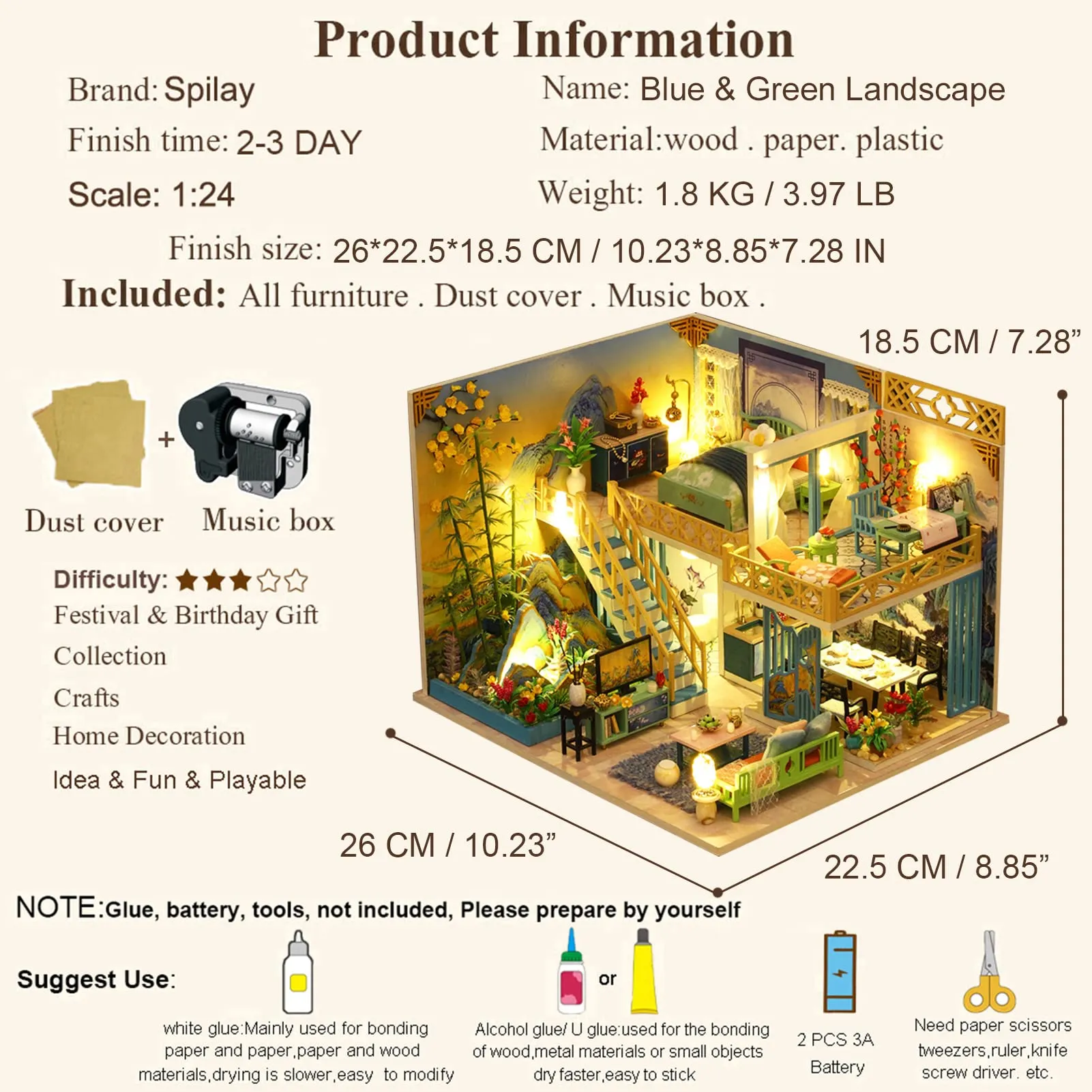 Spilay Dollhouse DIY Miniature Wooden Furniture Kit,Mini Handmade Doll House Model with Dust Cover & Music Box,1:24 Scale Creative Woodcrafts Toys