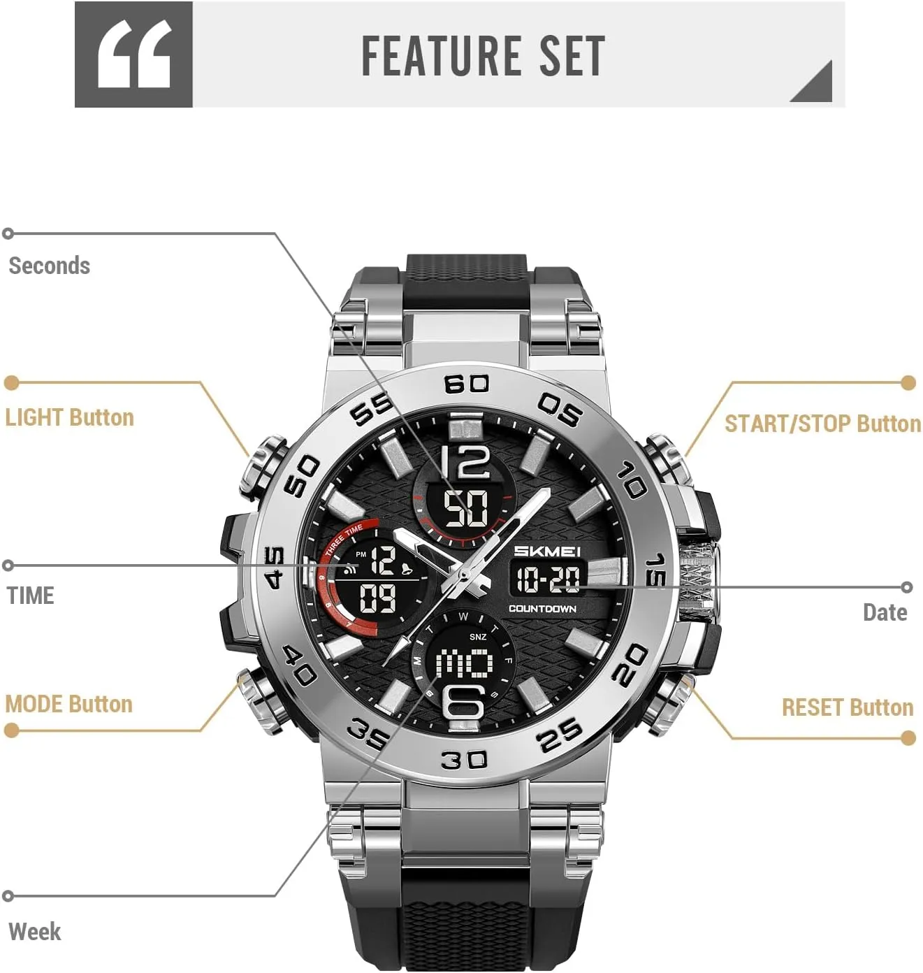 Sports Watch Large Dial Tactical Outdoor Military Wrist Watch with 3 Time Zones$ torpor 50M Waterproof$ LED Backlight Gosasa Fashion Men's Digital 