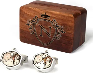 spotlight vigor vacant cobble hectare utility for Husband Boy Friend Groom Groomsman Wedding Mens Cufflinks Watch Movement Shape Silve Cuff Links with Initial Walnut Wood Box 