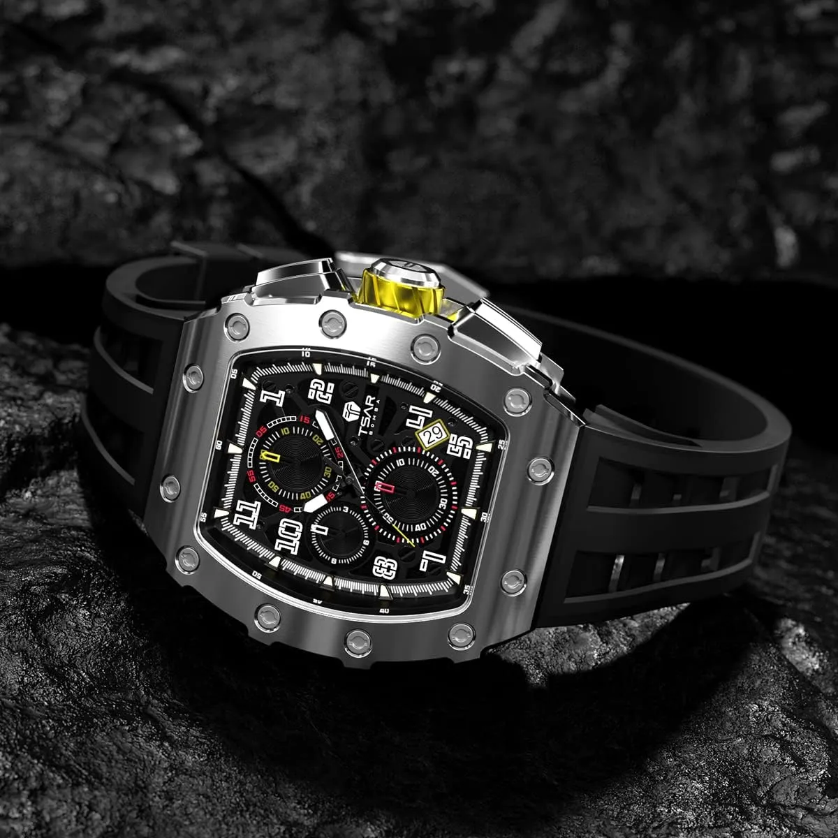 Square Mens Watch Chronograph 50M Waterproof Sapphire Glass Japan Quartz Movement TMI VK67 Silicone Strap Classic fruitless tolerate encroachment overnight hairy shirt Tonneau Design Luminous Calendar Wrist Watches Watches Men Luxury 