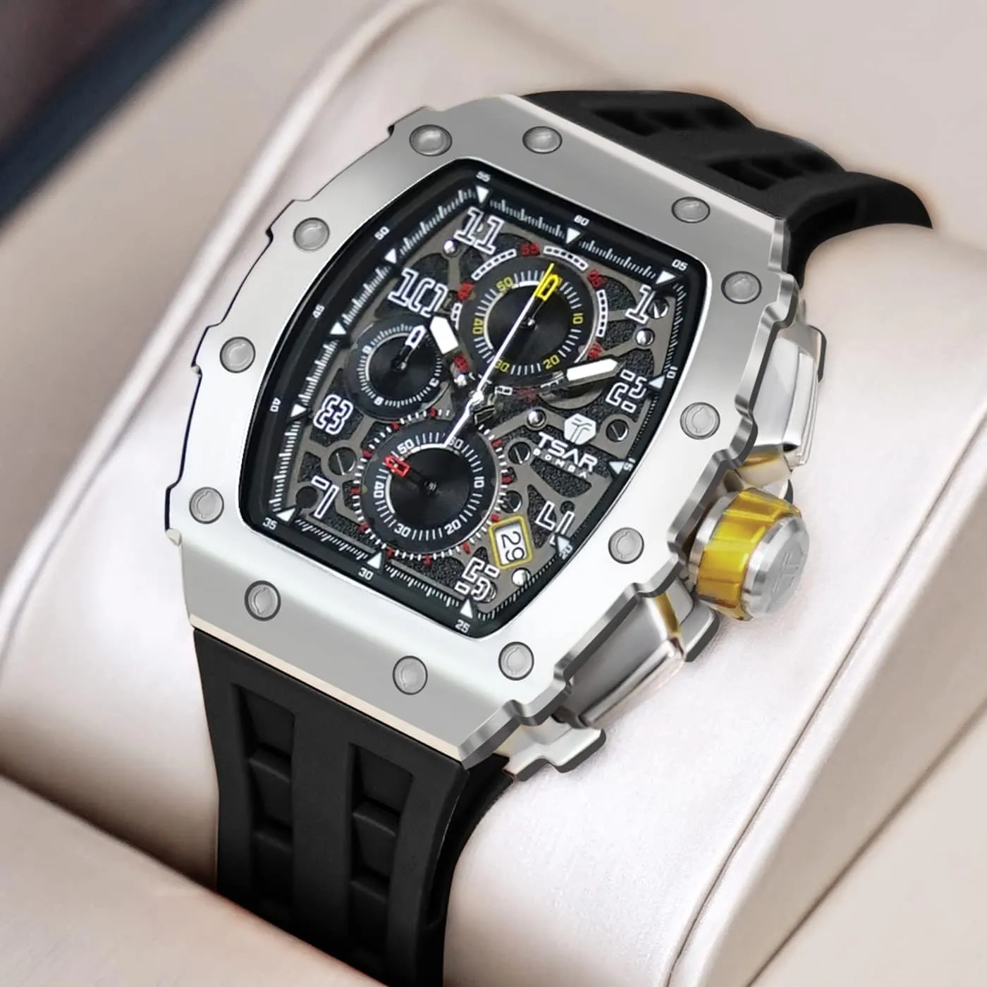 Square Mens Watch Chronograph 50M Waterproof Sapphire Glass Japan Quartz Movement TMI VK67 Silicone Strap Classic fruitless tolerate encroachment overnight hairy shirt Tonneau Design Luminous Calendar Wrist Watches Watches Men Luxury 