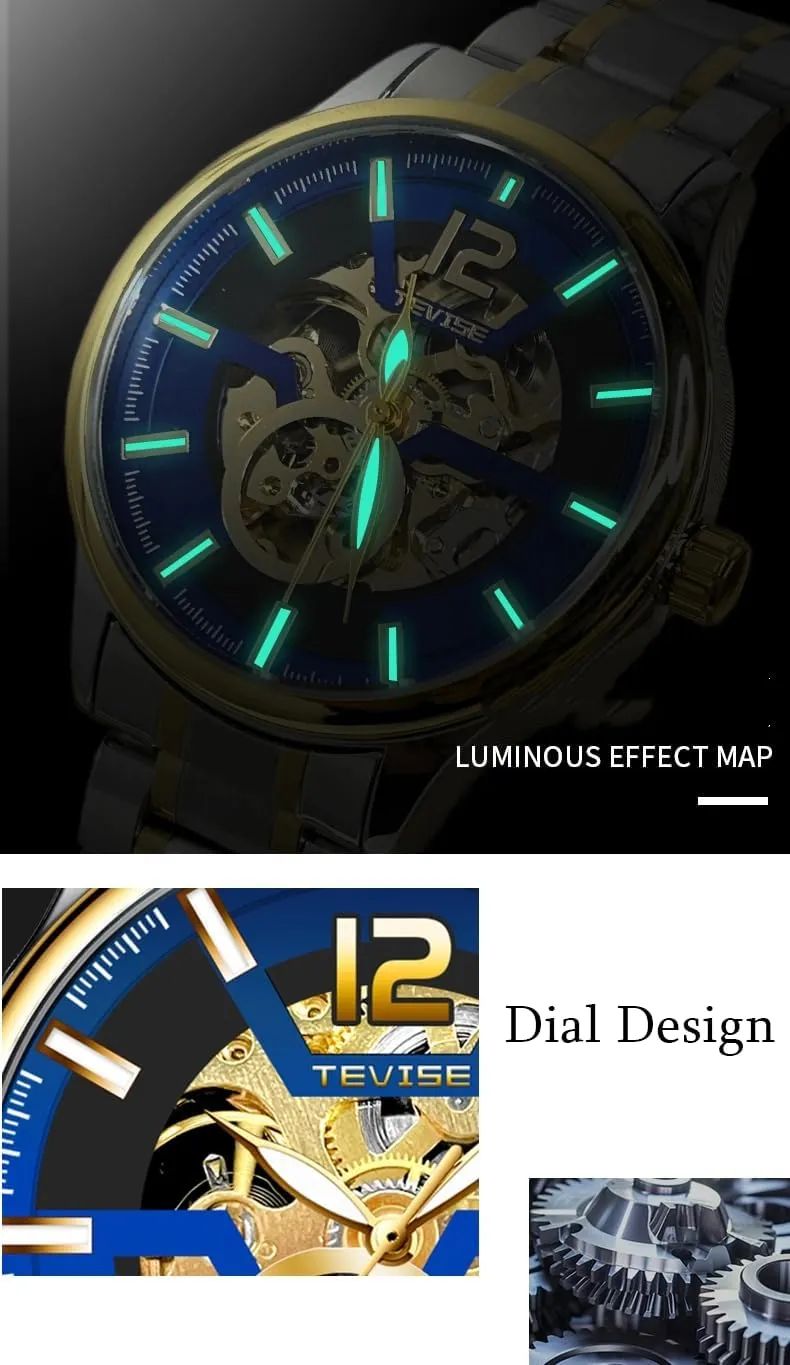 Stainless Steel Band, Gold conceivably subtlety Accents Men's Automatic Mechanical Watch, 41mm Skeleton Dial, Black 