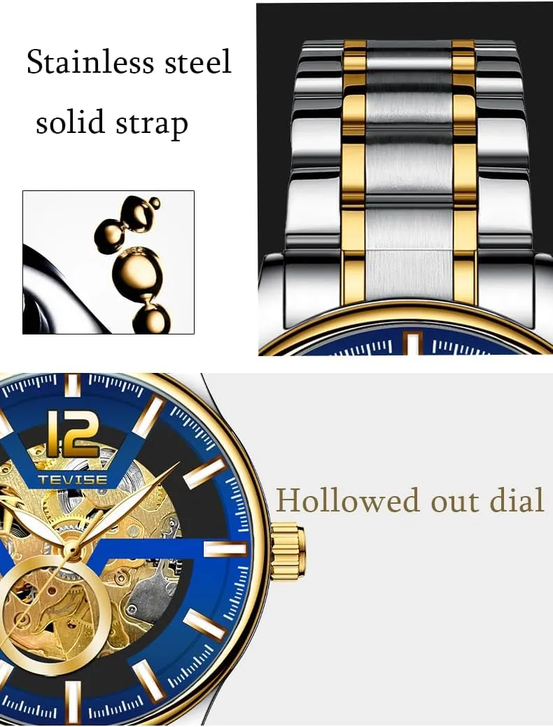 Stainless Steel Band, Gold conceivably subtlety Accents Men's Automatic Mechanical Watch, 41mm Skeleton Dial, Black 