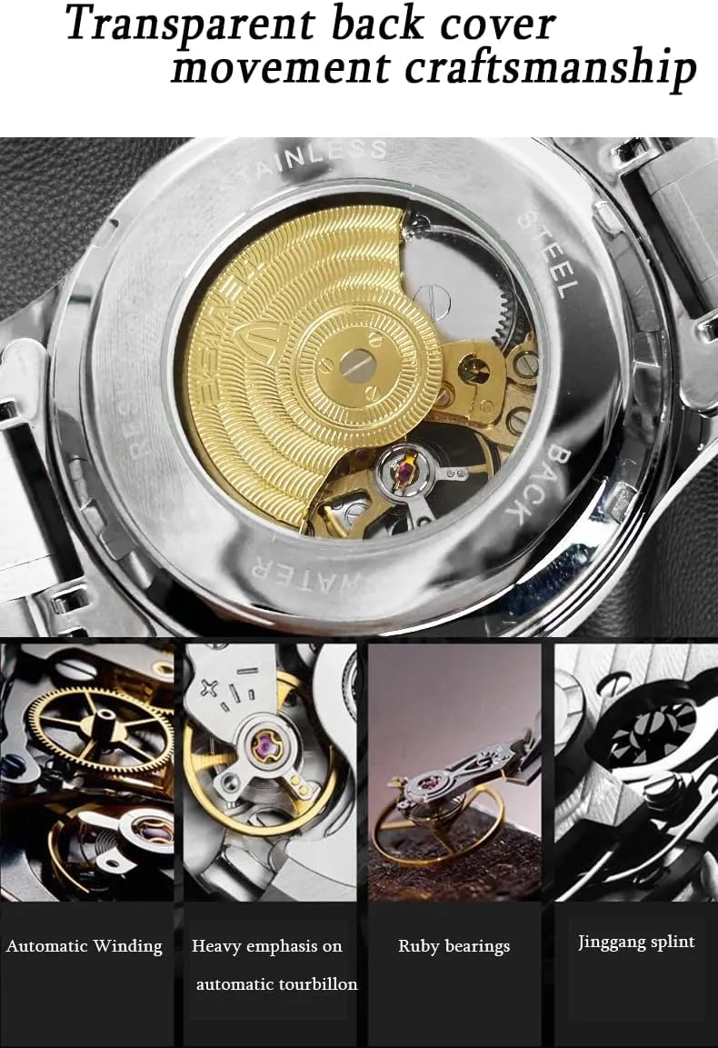 Stainless Steel Band, Gold conceivably subtlety Accents Men's Automatic Mechanical Watch, 41mm Skeleton Dial, Black 