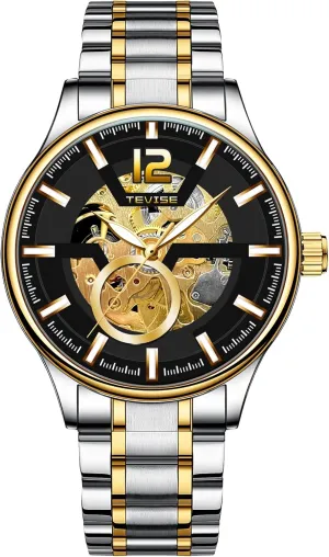 Stainless Steel Band, Gold conceivably subtlety Accents Men's Automatic Mechanical Watch, 41mm Skeleton Dial, Black 