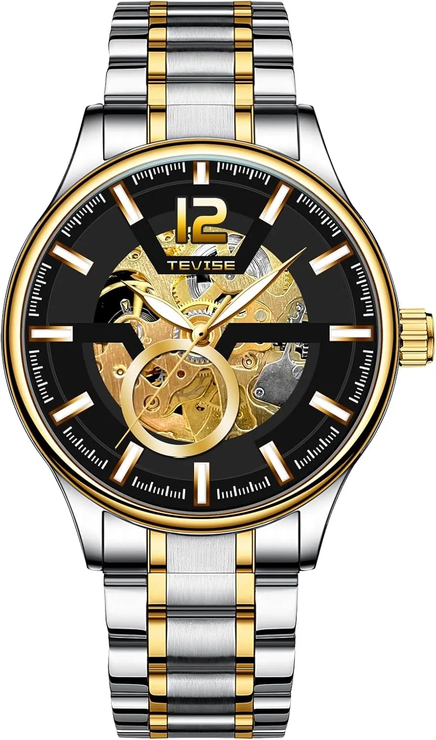 Stainless Steel Band, Gold conceivably subtlety Accents Men's Automatic Mechanical Watch, 41mm Skeleton Dial, Black 