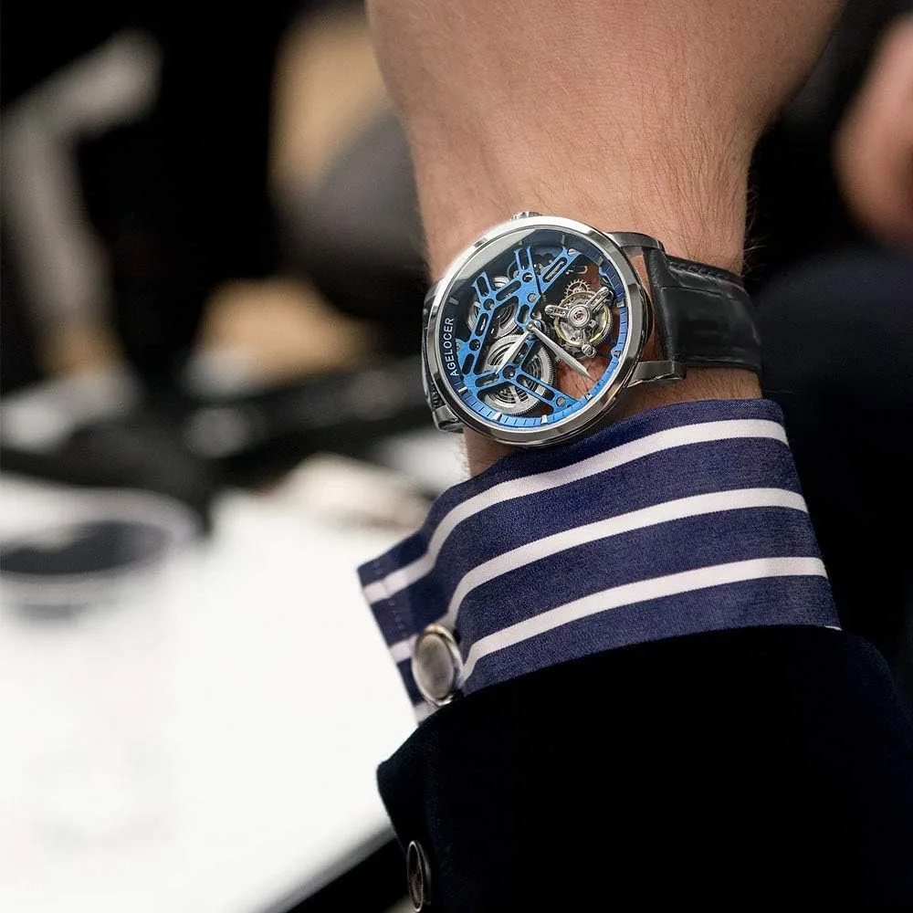 Stainless Steel Luxury Male Clock Waterproof Leather Strap Watch AGELOCER Men's Watch Top Brand Tourbillon meantime Skeleton Watch Hot Wrist 