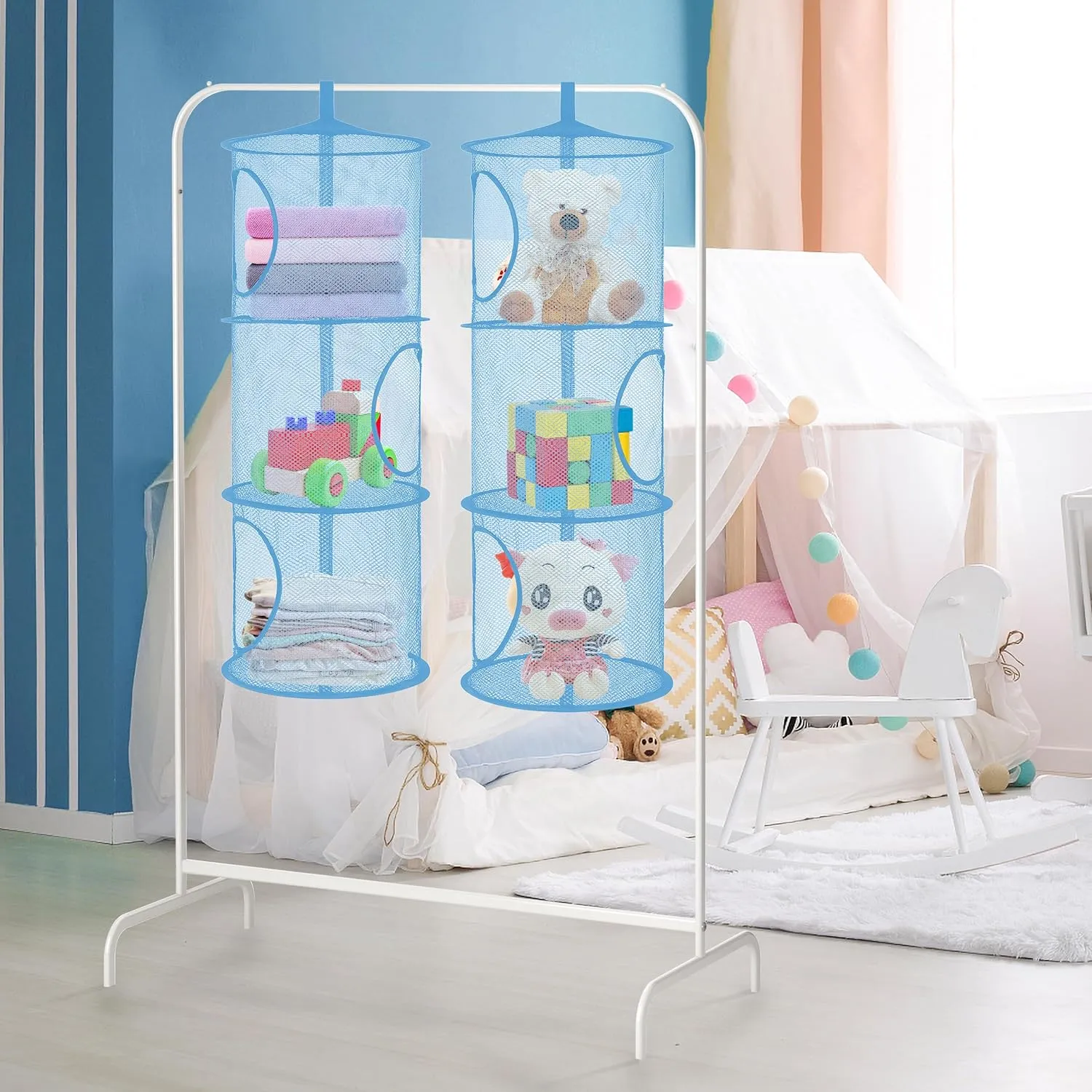 Storage Organizer for Kid Room Toys, Gloves,Hats,Socks Storage, Blue coastal rose 2Pcs Hanging Mesh Space Saver Bags Organizer, instance Foldable Storage Organizer 3 Compartments Toy 