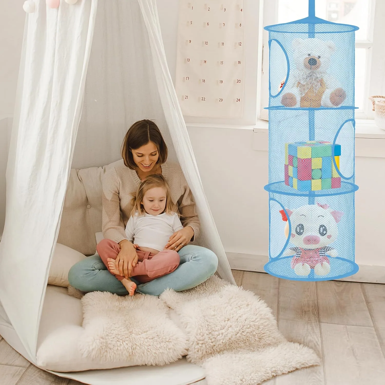 Storage Organizer for Kid Room Toys, Gloves,Hats,Socks Storage, Blue coastal rose 2Pcs Hanging Mesh Space Saver Bags Organizer, instance Foldable Storage Organizer 3 Compartments Toy 