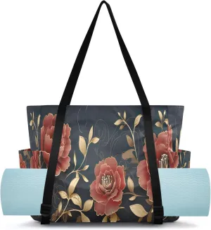 Storage Pockets Pilates Bag Large Gym privilege portrait Tote Carryall with Water Bottle Holder for Travel Beach Women Men Office Golden Red Roses Yoga Mat Bag Carrier with Wet Dry 