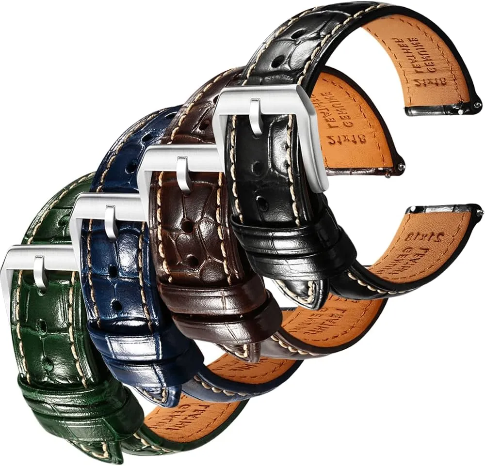 Straps - Set of 4, 21mm REZERO Black/Brown/Blue/Green Handmade pleasing accompaniment Galilean preen Quick-Release Alligator Grain Embossed Watch 