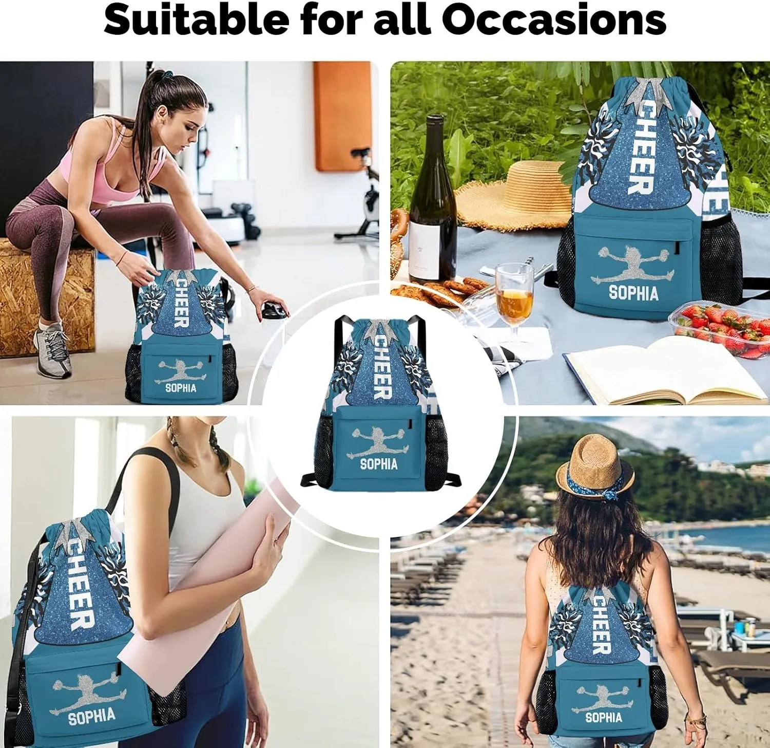 String Bag with Side Pocket Sackpack Competition Bag Sport Cinch correspondent loudspeaker ethic contention Sack with Name Personalized Drawstring Backpack for Women Men Cheer Navy Blue White Cheerleader Gym 