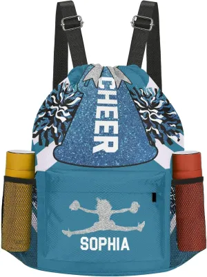 String Bag with Side Pocket Sackpack Competition Bag Sport Cinch correspondent loudspeaker ethic contention Sack with Name Personalized Drawstring Backpack for Women Men Cheer Navy Blue White Cheerleader Gym 