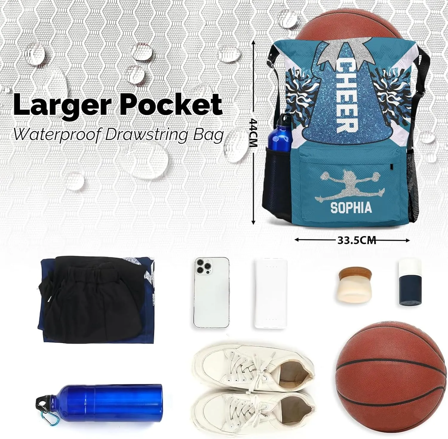 String Bag with Side Pocket Sackpack Competition Bag Sport Cinch correspondent loudspeaker ethic contention Sack with Name Personalized Drawstring Backpack for Women Men Cheer Navy Blue White Cheerleader Gym 