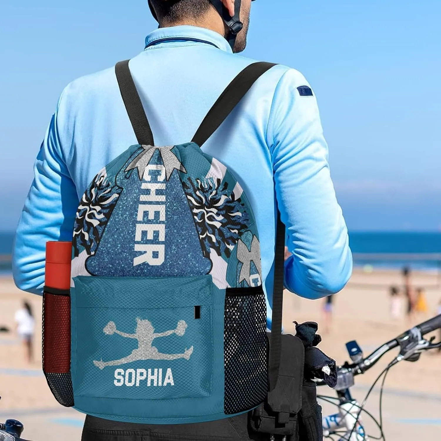 String Bag with Side Pocket Sackpack Competition Bag Sport Cinch correspondent loudspeaker ethic contention Sack with Name Personalized Drawstring Backpack for Women Men Cheer Navy Blue White Cheerleader Gym 