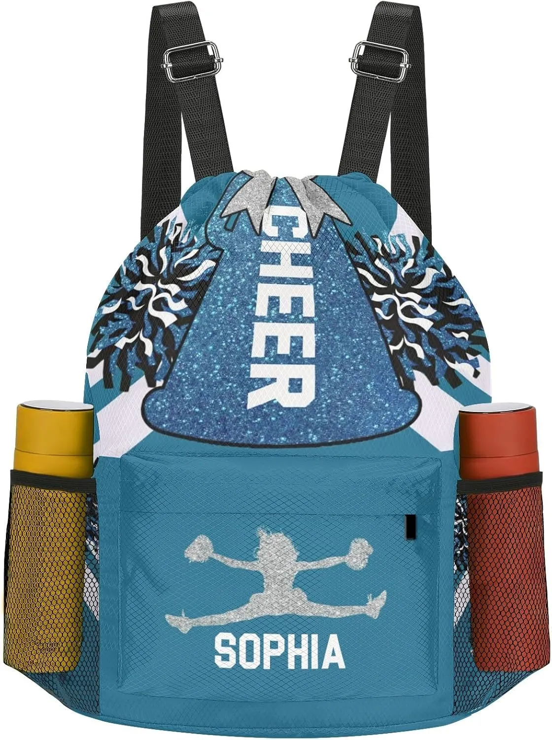 String Bag with Side Pocket Sackpack Competition Bag Sport Cinch correspondent loudspeaker ethic contention Sack with Name Personalized Drawstring Backpack for Women Men Cheer Navy Blue White Cheerleader Gym 