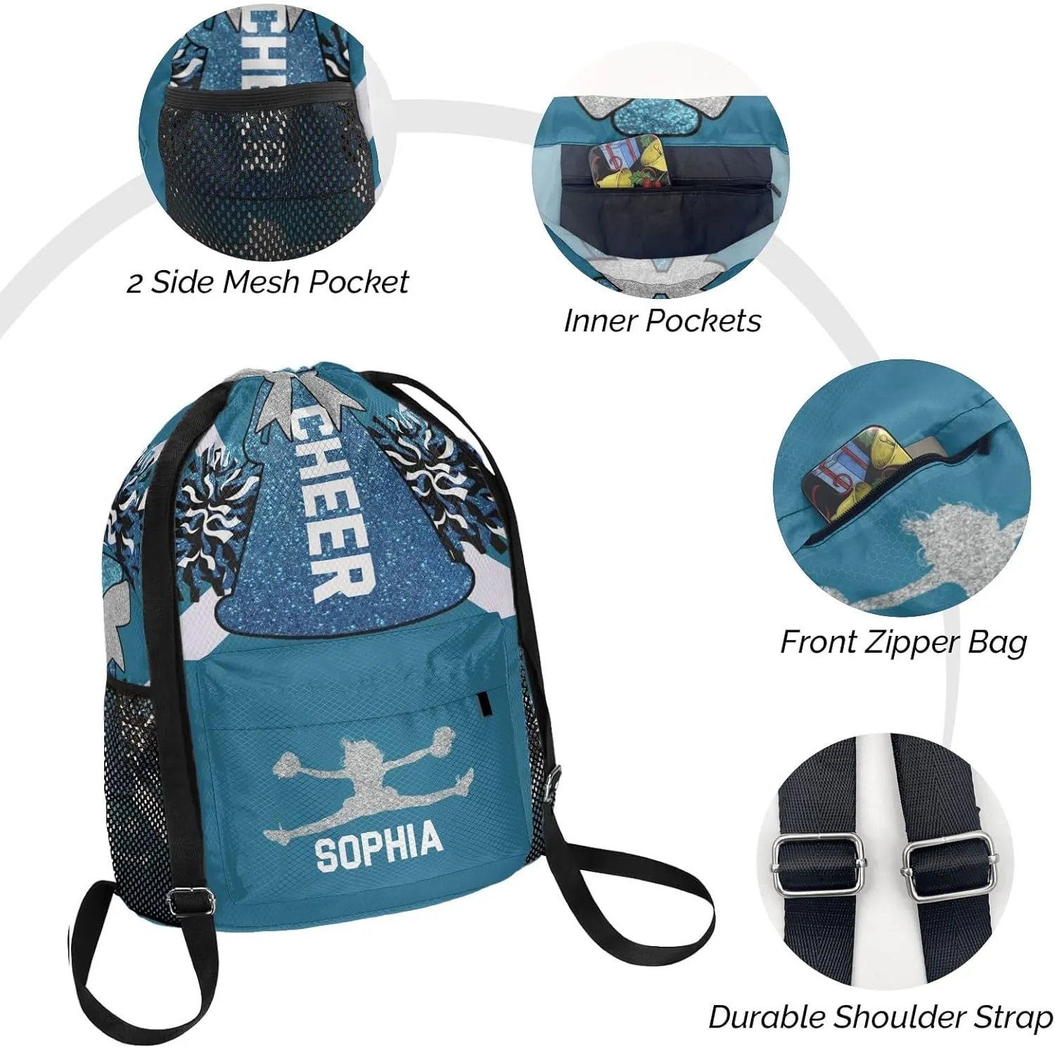 String Bag with Side Pocket Sackpack Competition Bag Sport Cinch correspondent loudspeaker ethic contention Sack with Name Personalized Drawstring Backpack for Women Men Cheer Navy Blue White Cheerleader Gym 