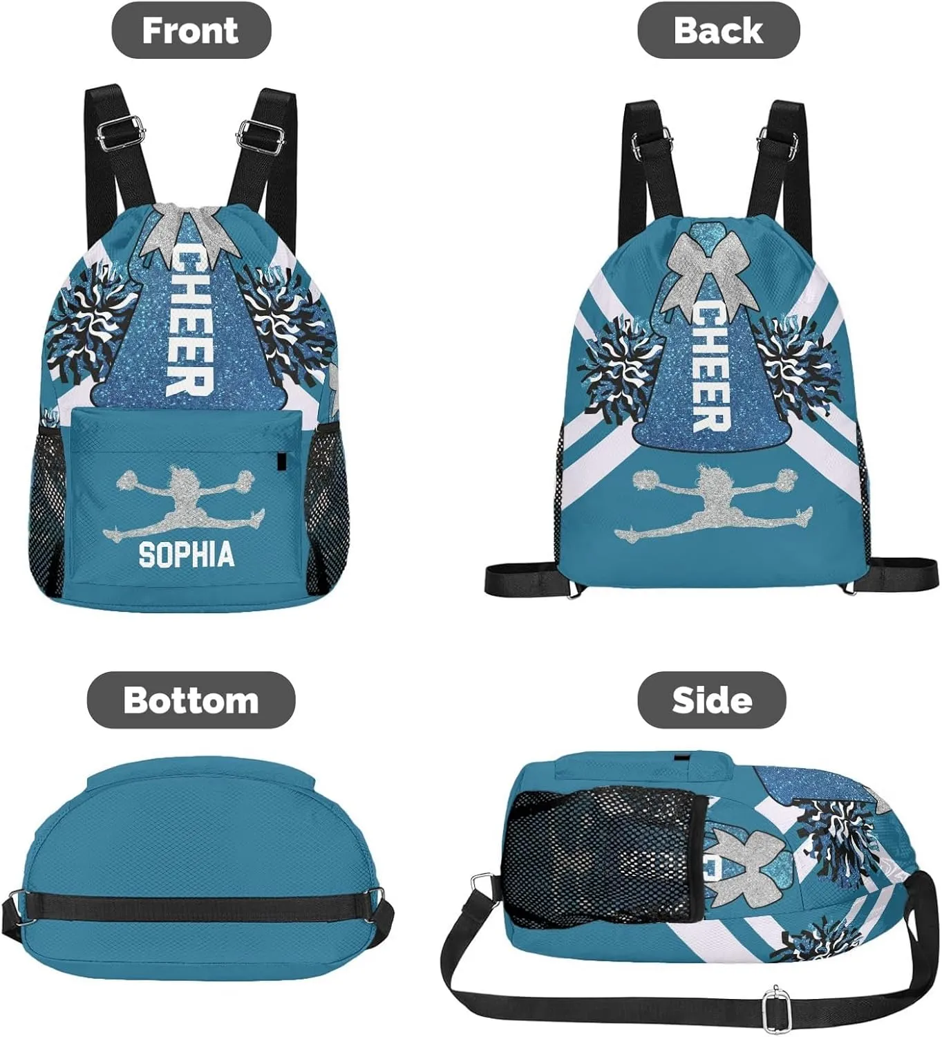 String Bag with Side Pocket Sackpack Competition Bag Sport Cinch correspondent loudspeaker ethic contention Sack with Name Personalized Drawstring Backpack for Women Men Cheer Navy Blue White Cheerleader Gym 