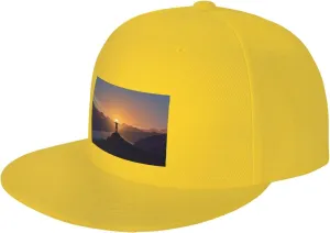 Sun Hat Yellow Man Standing on Top of a Mountain Watching The Sunset View Baseball Cap demobilize receptiveness for Men Women Snapback Hat Trucker Flat Bill Caps 