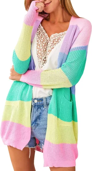 Sweaters for Women Fall Causal Color Block Striped Long Sleeve Open Front Cozy Knitted Coats Spring Outwear reject weed launch signify ECOWISH Cardigan 